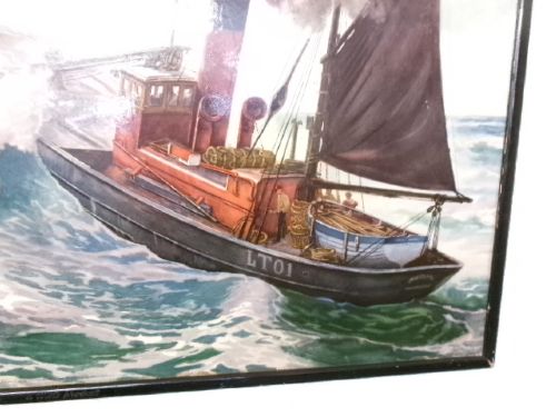A framed vintage cardboard advertisement for Capstan cigarettes featuring a steam vessel navigating rough seas under text reading Have a Capstan. View III