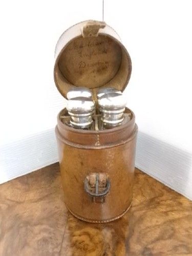 VICTORIAN ROUND LEATHER CASE WITH FOUR SILVER TOP FLASKS - ADDITIONAL PHOTO 10
