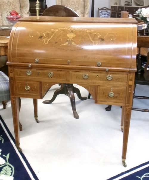 MAHOGANY INLAID FREE STANDING CYLINDER TOP WRITING DESK - ADDITIONAL PHOTO 10