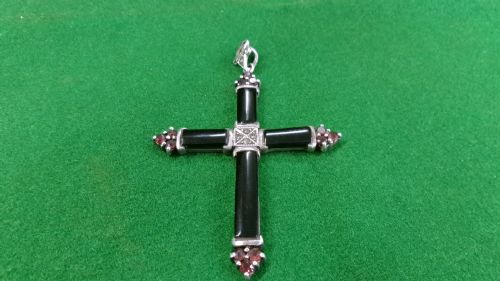 LARGE CRUCIFIX MARKED 925 WITH BLACK RED MARCASITE DECORATION - ADDITIONAL PHOTO 3