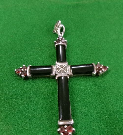 LARGE CRUCIFIX MARKED 925 WITH BLACK RED MARCASITE DECORATION - ADDITIONAL PHOTO 4