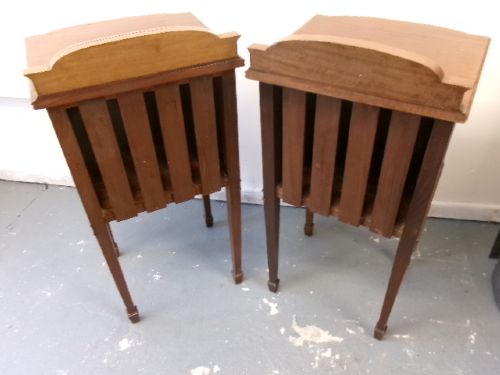 A pair of Edwardian mahogany bedside cabinets featuring bow fronts, satinwood string inlay, shaped upstands, and tapered legs. View VII