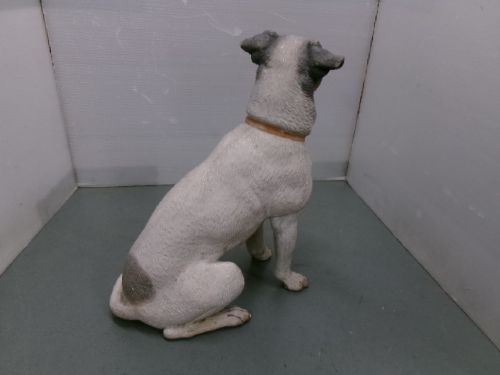 A Victorian painted terracotta figure depicting a seated Jack Russell terrier with grey ears and a brown painted collar. View VII