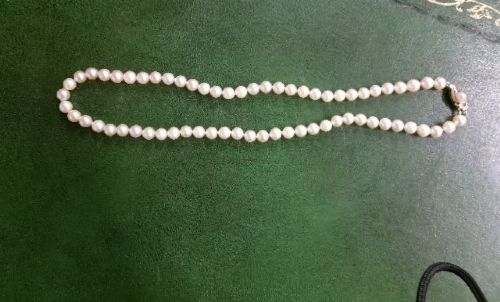 A single strand of white cultured pearls with a 9ct gold clasp displayed inside a dark brown presentation case. View II