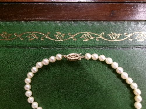 A single strand of white cultured pearls with a 9ct gold clasp displayed inside a dark brown presentation case. View IV