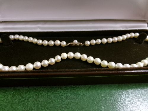 A single strand of white cultured pearls with a 9ct gold clasp displayed inside a dark brown presentation case. View VI