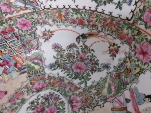 A large round Chinese Canton porcelain punch bowl decorated with hand-painted polychrome enamel panels depicting figures, flowers, and birds. View VII
