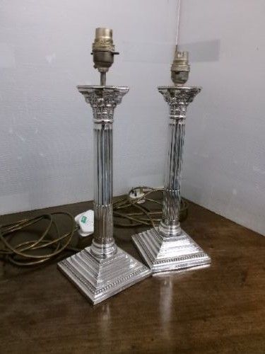 Pair of Silver Plated Corinthian Column Table Lamps