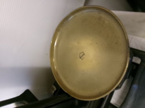 A Victorian cast iron and brass commercial weighing scale featuring a top lion crest, brass pan, and ceramic platform. View XIV