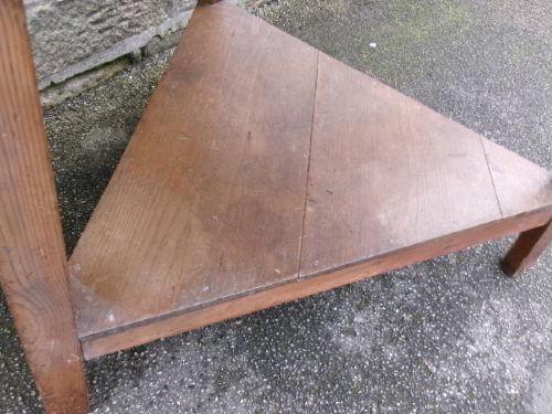 A 19th-century pine cricket table featuring a smooth round top supported by three splayed legs and a triangular undershelf. View III