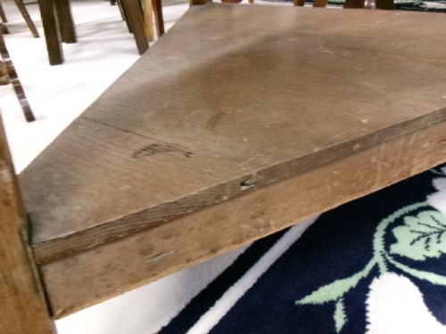 A 19th-century pine cricket table featuring a smooth round top supported by three splayed legs and a triangular undershelf. View VIII