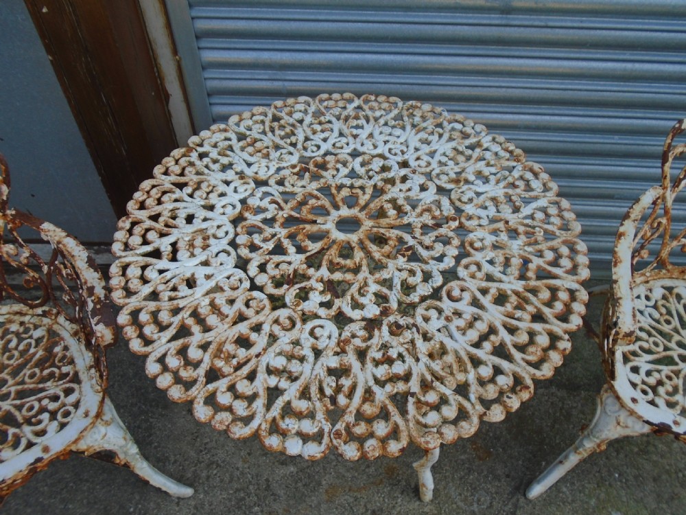 Vintage Cast Iron Garden Table & 2 Arm Chairs View II
