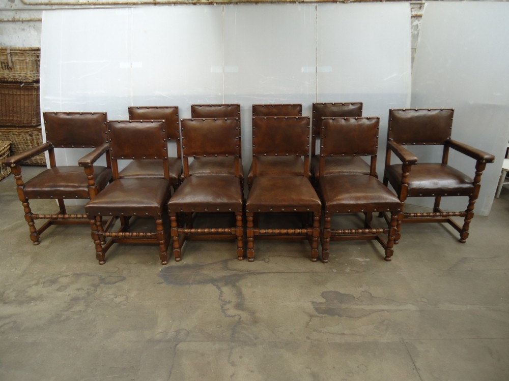 Set Of 10 Leather & Oak Chairs 
