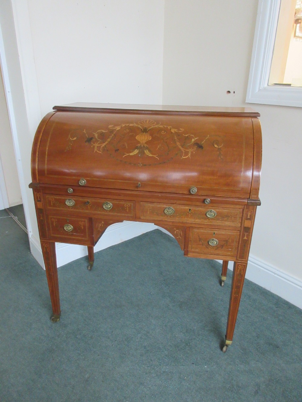 Inlaid Mahogany Cylinder Top Writing Desk.