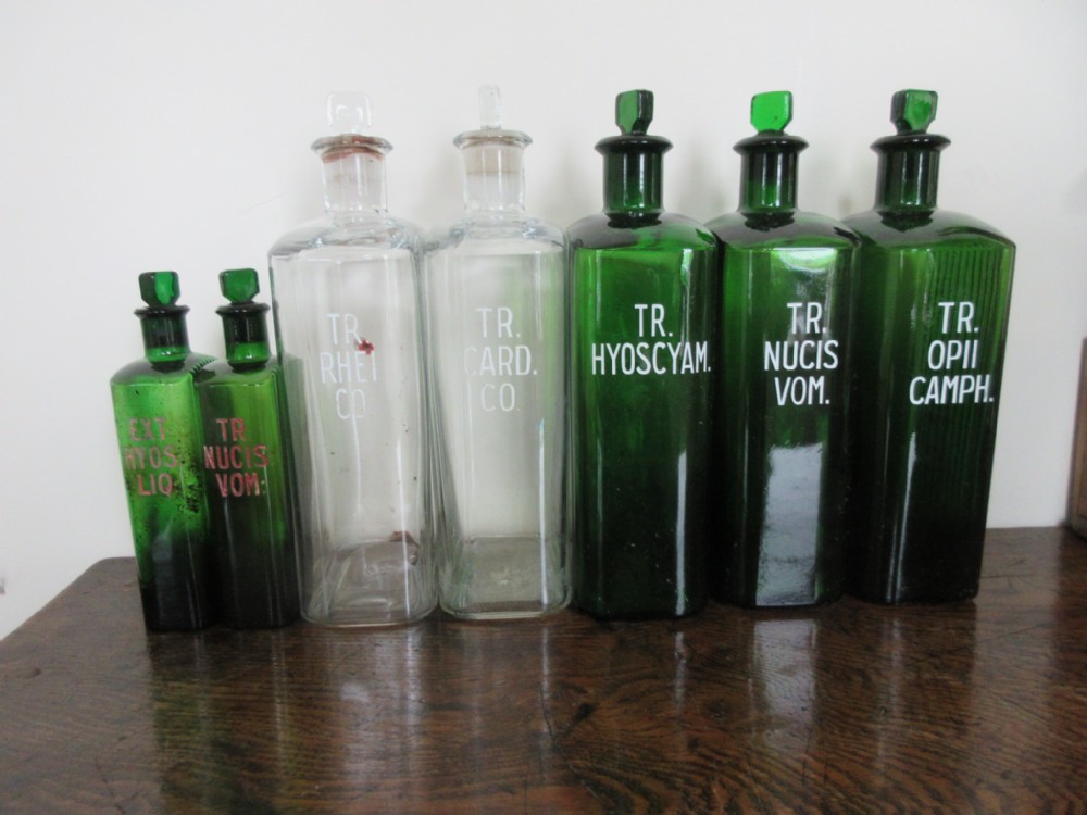 Set Of 5 Green & 2 Clear Victorian Chemist Bottles 