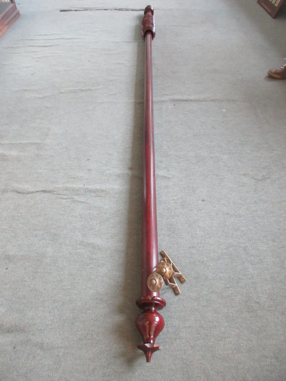9' Mahogany Curtain Pole With Victorian Brass Brackets.