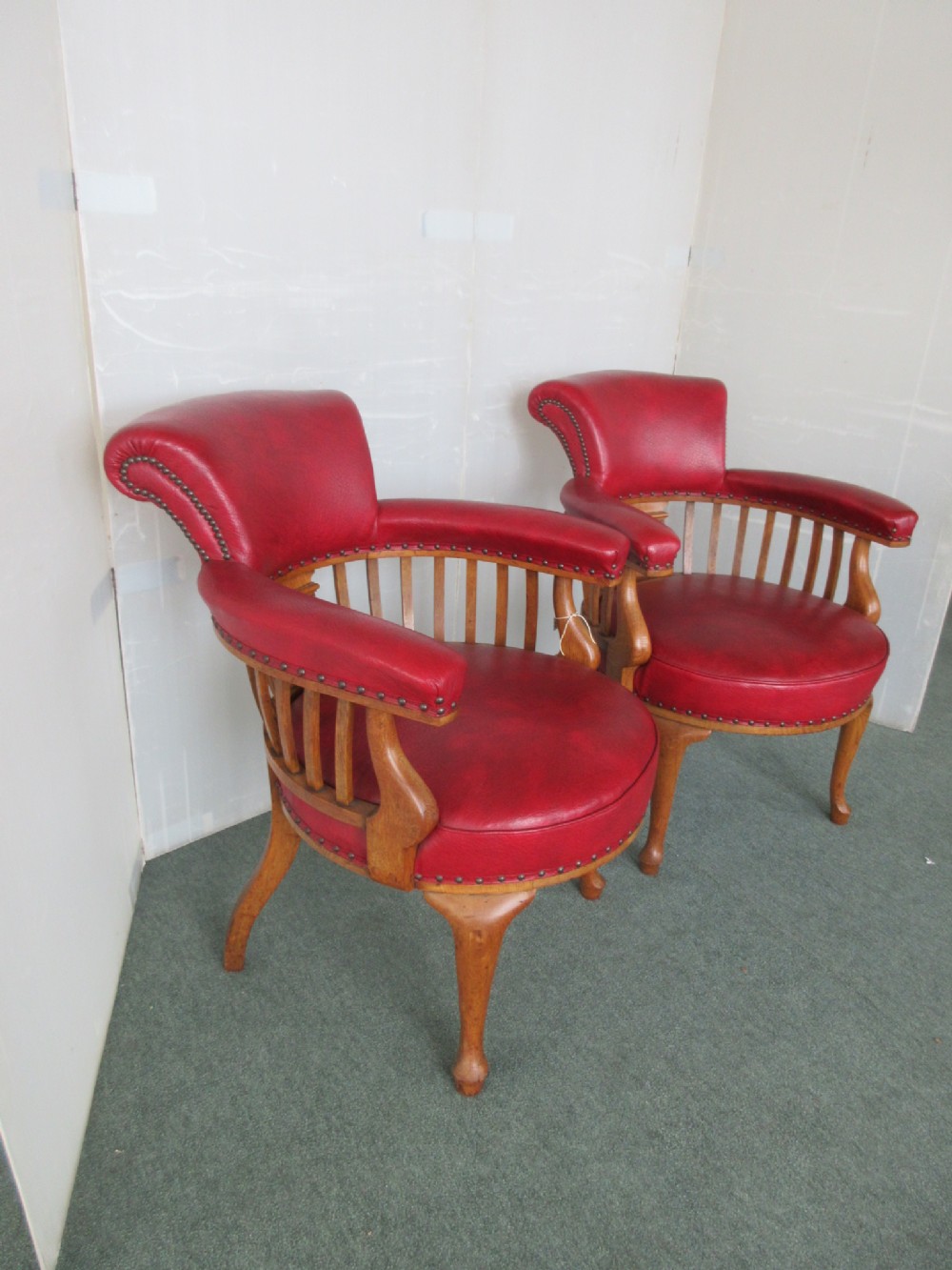 Pair Of Golden Oak Desk Chairs With Red Upholstery