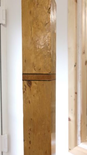 An Art Deco blond walnut standard lamp featuring a geometric stepped column and tiered square base. View III