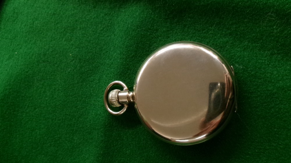 An open gold-plated full hunter pocket watch with a white enamel dial, black Arabic numerals, and a subsidiary seconds dial. View VI