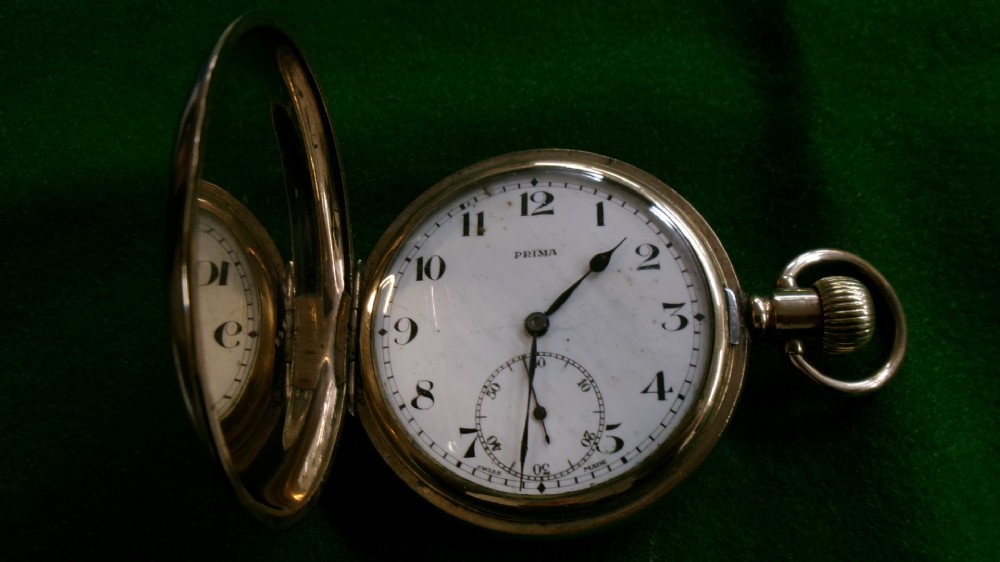 An open gold-plated full hunter pocket watch with a white enamel dial, black Arabic numerals, and a subsidiary seconds dial. View IX