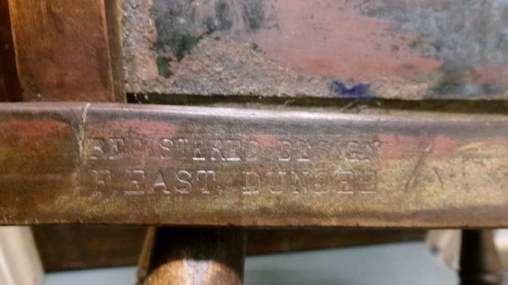 An antique wooden side chair with turned legs featuring an integrated blue and white enamel advertising sign for Watsons Matchless Cleanser Soap set into the backrest. View VIII
