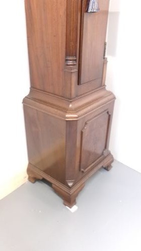 A slim mahogany granddaughter clock featuring a swan neck pediment hood, brass dial with spandrels, and an arched trunk door. View V