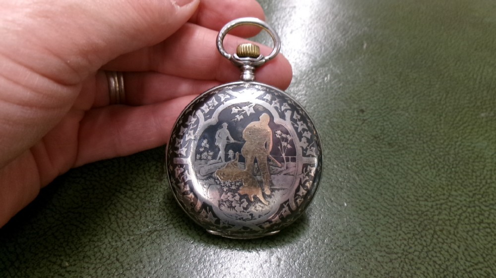 BACH ANTAL NIELLO DECORATED HUNTER POCKET WATCH EMBOSSED WITH GAME BAG AND HUNTING SCENE View III