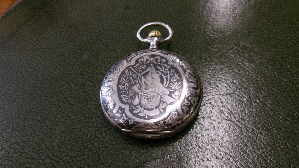 BACH ANTAL NIELLO DECORATED HUNTER POCKET WATCH EMBOSSED WITH GAME BAG AND HUNTING SCENE View IV
