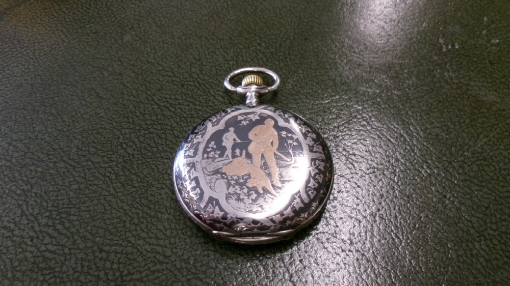BACH ANTAL NIELLO DECORATED HUNTER POCKET WATCH EMBOSSED WITH GAME BAG AND HUNTING SCENE View V