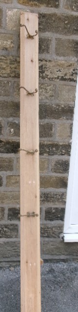 A long vertical pine wood backboard fitted with four double-pronged brass coat hooks. View VIII