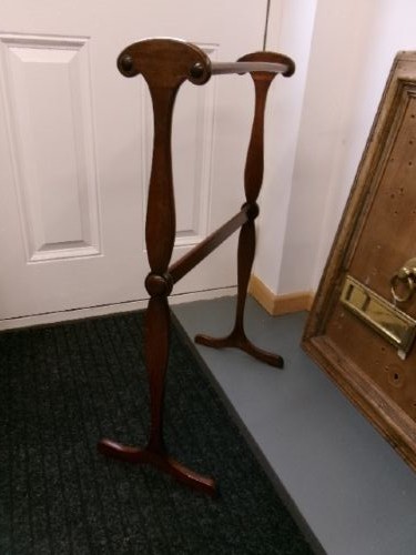 A Victorian mahogany freestanding towel rail featuring double turned crossbars, shaped vertical uprights with scrolled top handles, and splayed feet. View VII