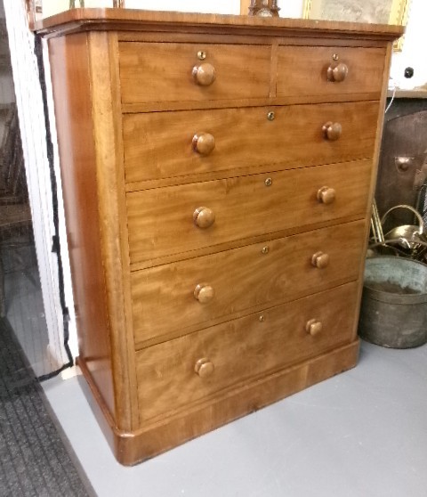 A tall Victorian mahogany chest of drawers featuring two short upper drawers above four long drawers with turned wooden knobs and a solid plinth base. View XIII