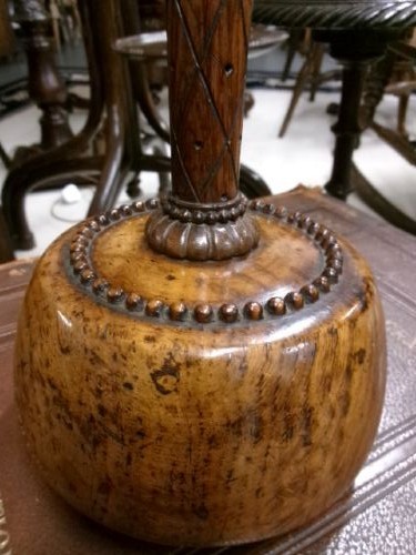 A 19th-century turned treen ceremonial mallet with a heavy rounded base and a decorative carved handle. View III