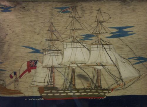 Folk Art Woolwork Picture of a Sailing Ship, C.1870