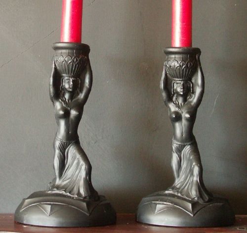 Pair of Jet Black Glass Art Deco Candlesticks, C 1920