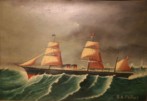 Primitive Welsh Oil Painting of a Steam Sailing Ship in a Storm, Signed S.a. Phillips, Circa1870