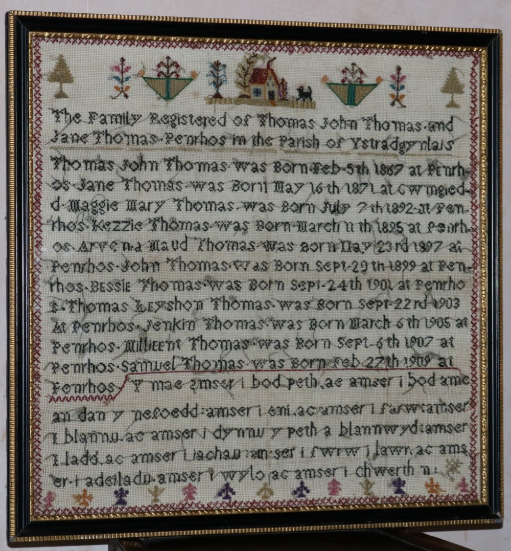 Rare Welsh Genealogical Sampler of the Thomas Family of Ystradgynlais, circa 1910