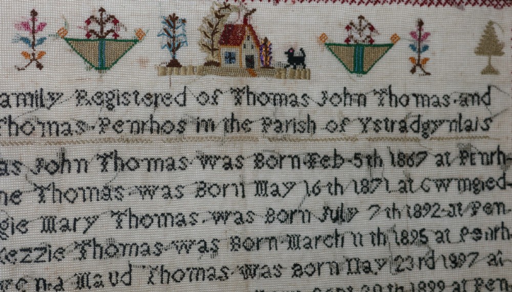 Rare Welsh Genealogical Sampler of the Thomas Family of Ystradgynlais, circa 1910 View V
