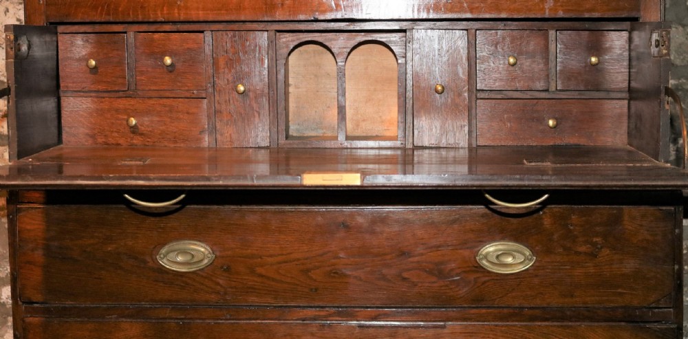 A Georgian Welsh oak secretaire press cupboard featuring upper doors with inlaid oval panels, a drop-front fitted writing section, and three lower drawers with oval brass handles. View V