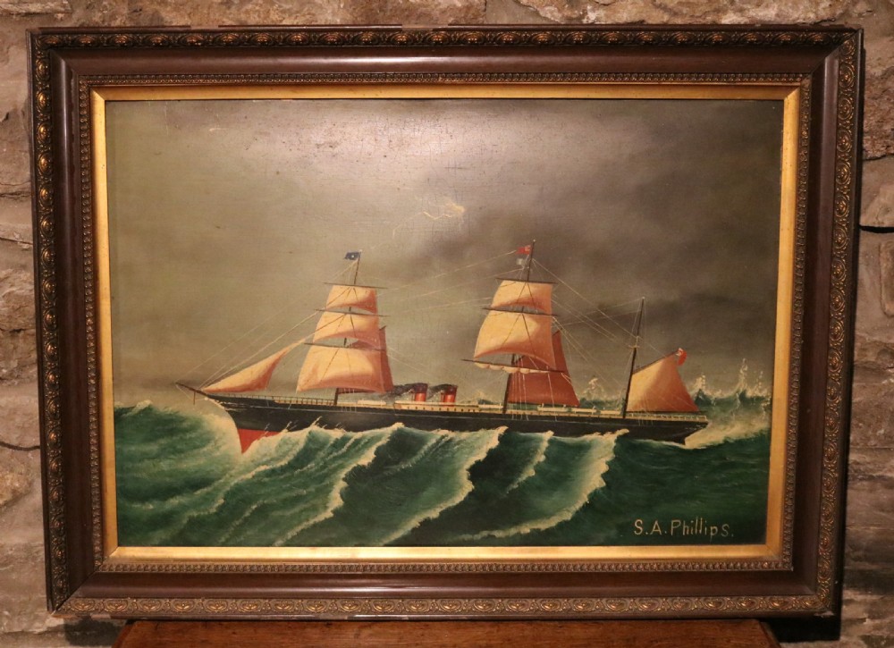 Primitive Welsh Oil Painting of a Steam Sailing Ship in a Storm, signed S.A. Phillips, circa1870 View II