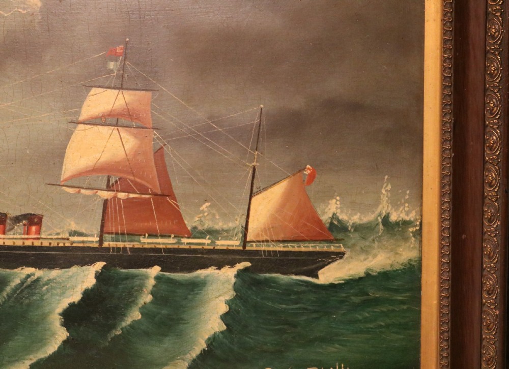 Primitive Welsh Oil Painting of a Steam Sailing Ship in a Storm, signed S.A. Phillips, circa1870 View IV