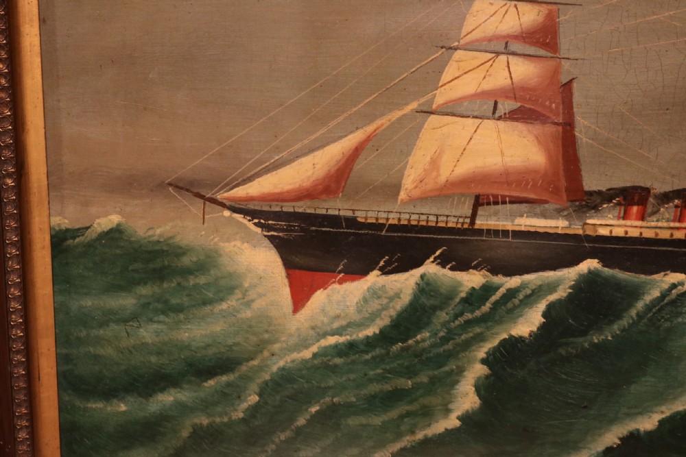 Primitive Welsh Oil Painting of a Steam Sailing Ship in a Storm, signed S.A. Phillips, circa1870 View VIII