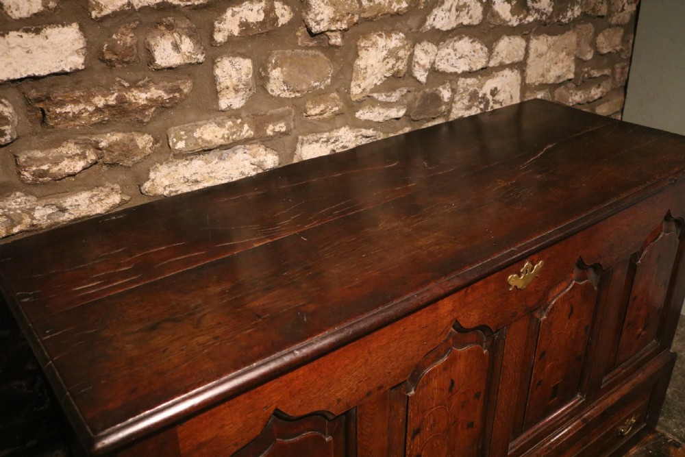An 18th-century dark oak Welsh coffer featuring four arched inlaid panels above two drawers with brass handles. View X