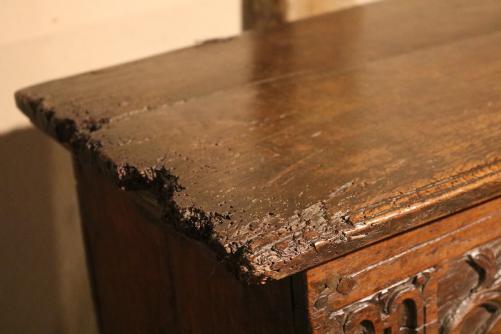 A dark brown carved oak chest featuring relief carvings of dragons, floral rosettes, and a central iron lock plate. View IX