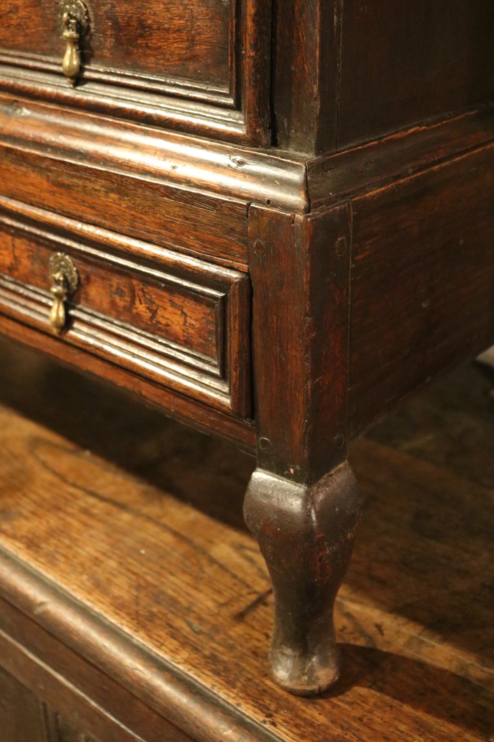 An eighteenth-century dark oak miniature tallboy chest featuring geometric panelled drawer fronts, brass tear-drop handles, and cabriole legs. View VI