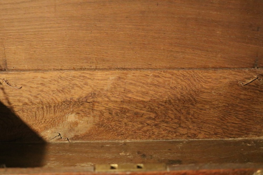 An eighteenth-century dark oak miniature tallboy chest featuring geometric panelled drawer fronts, brass tear-drop handles, and cabriole legs. View VII