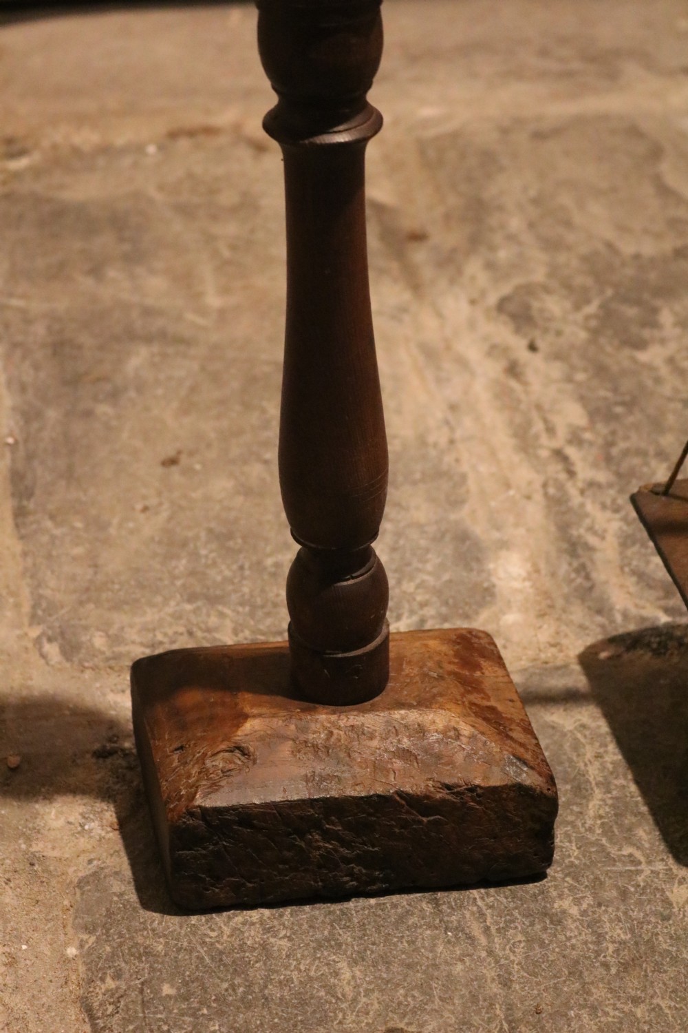 A Georgian turned oak balance scale featuring two wooden square pans suspended by cords from a wooden crossbar. View II