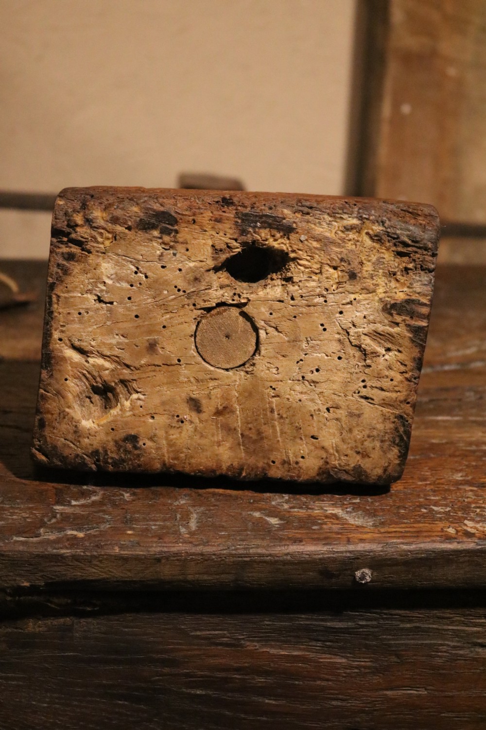 A Georgian turned oak balance scale featuring two wooden square pans suspended by cords from a wooden crossbar. View VII