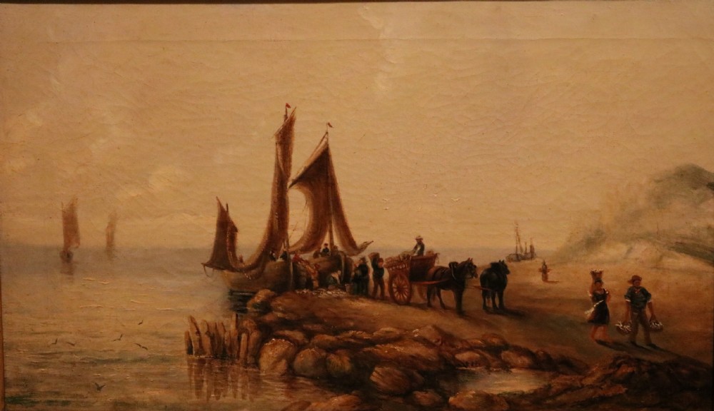 Victorian oil painting depicting a coastal marine scene with fishing boats and figures, housed within a simple wooden frame. View II