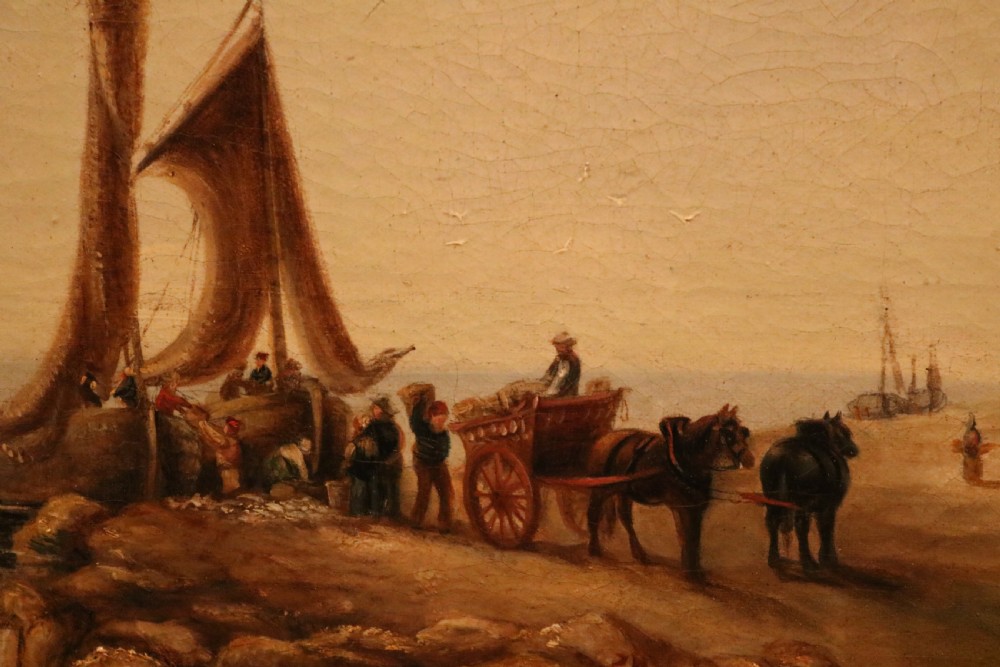 Victorian oil painting depicting a coastal marine scene with fishing boats and figures, housed within a simple wooden frame. View IV